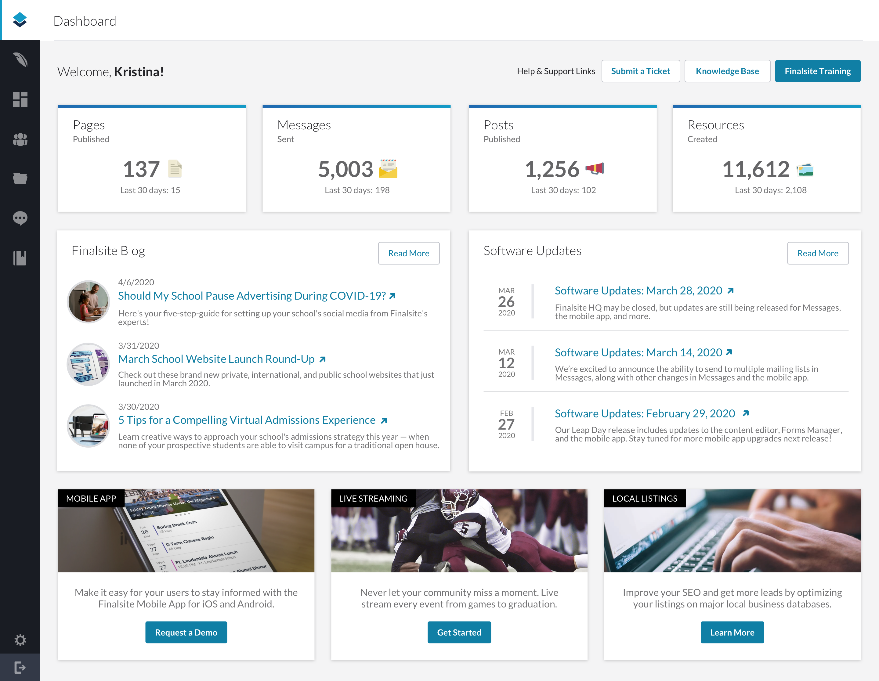 Composer CMS dashboard with publishing totals and updates
