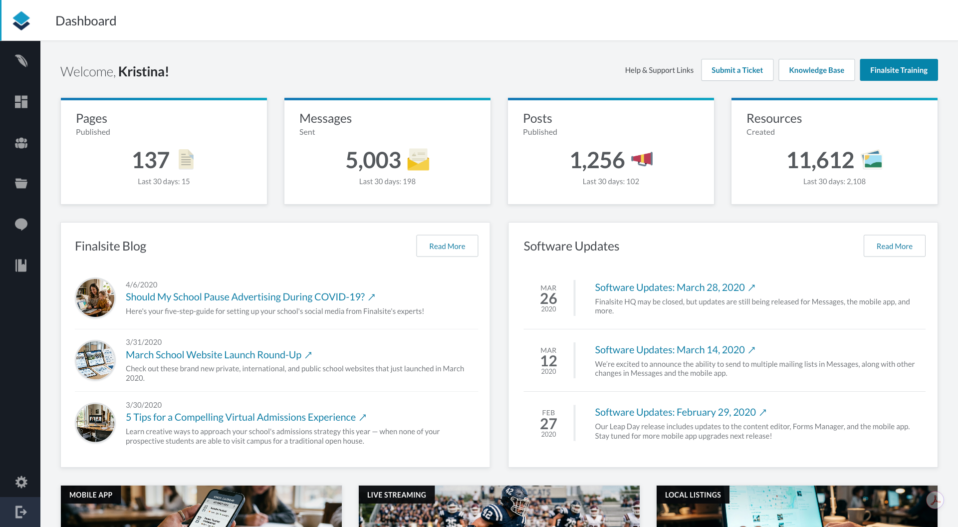 Composer CMS dashboard with publishing totals and updates