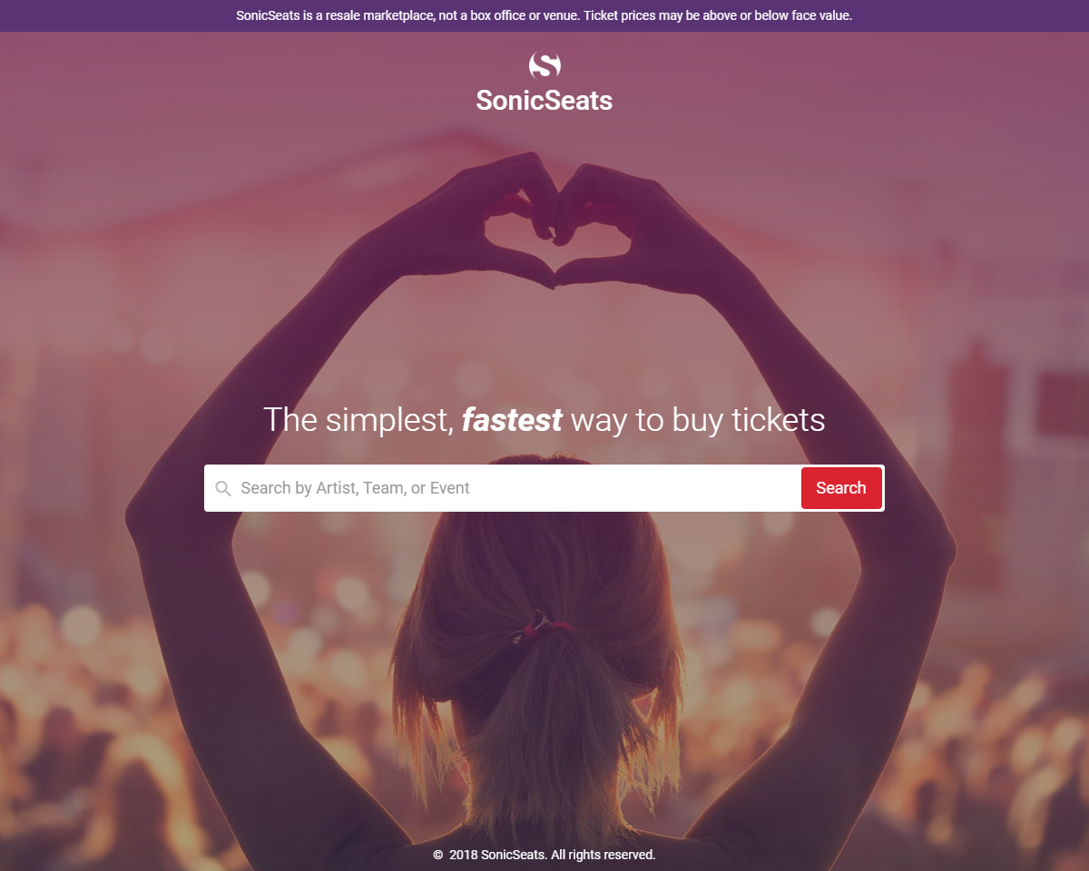 SonicSeats ticket search homepage with concert photography