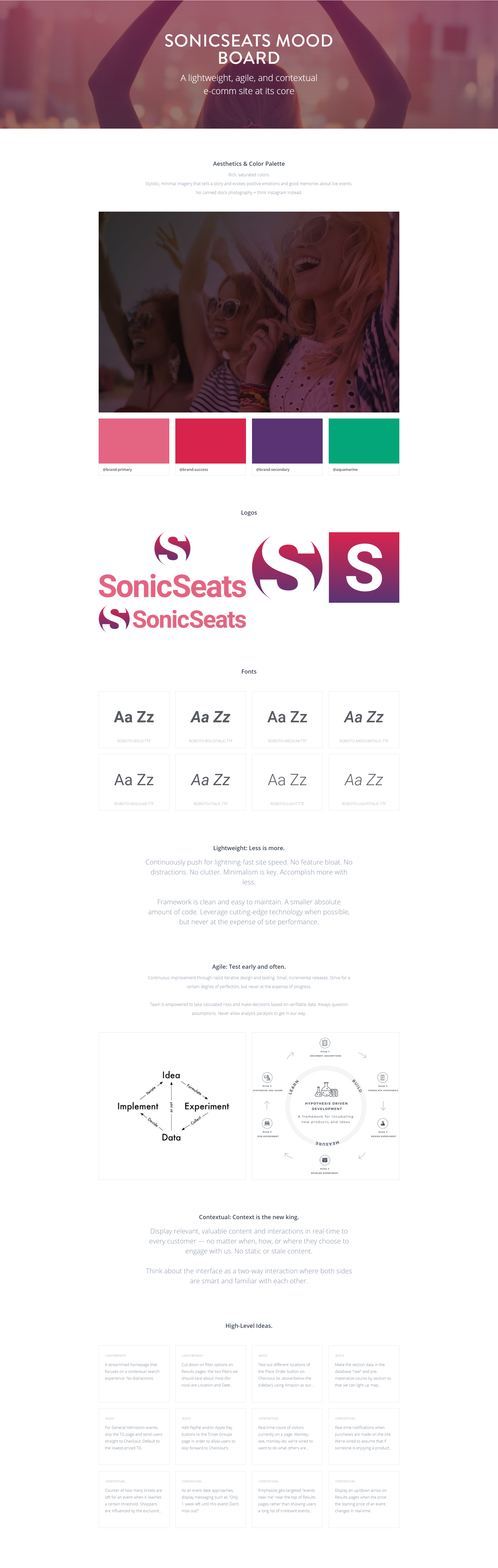 SonicSeats mood board showing colors, logos, typography, and design principles