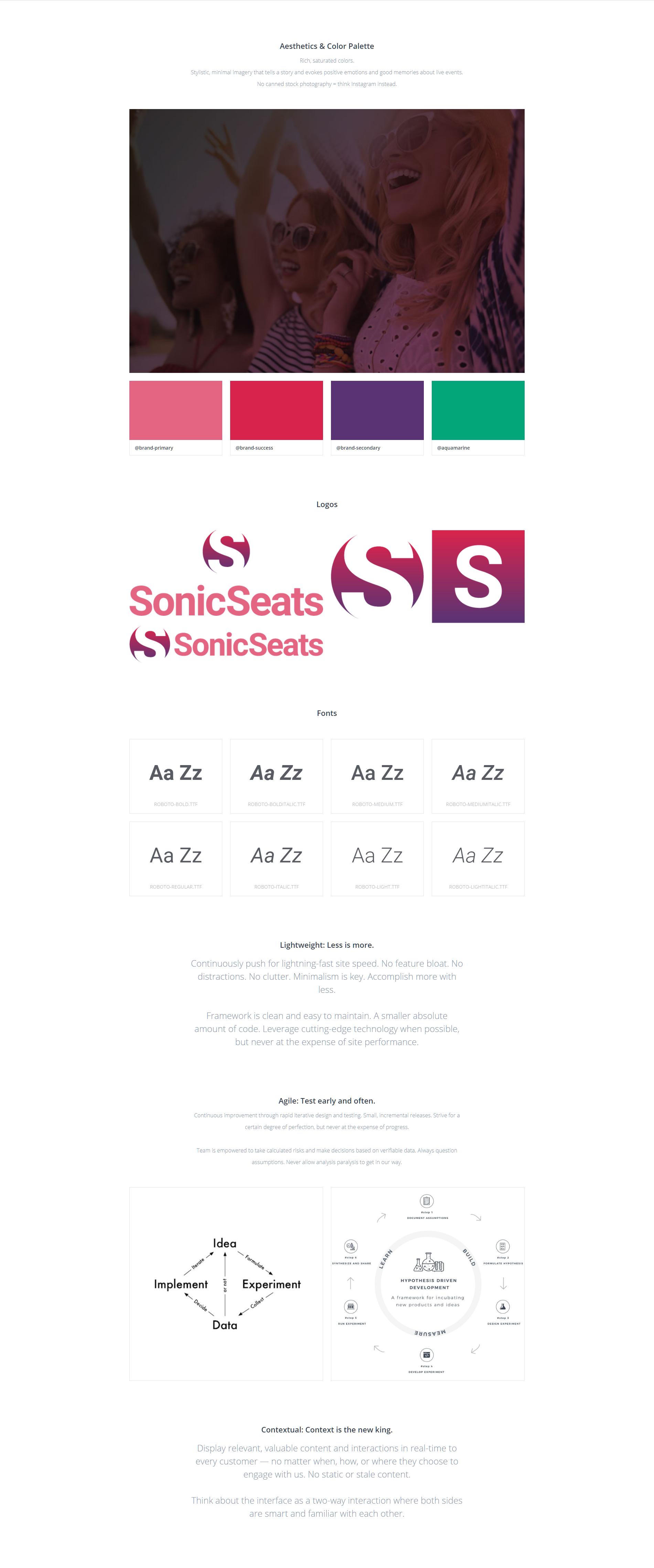 SonicSeats mood board showing colors, logos, typography, and design principles