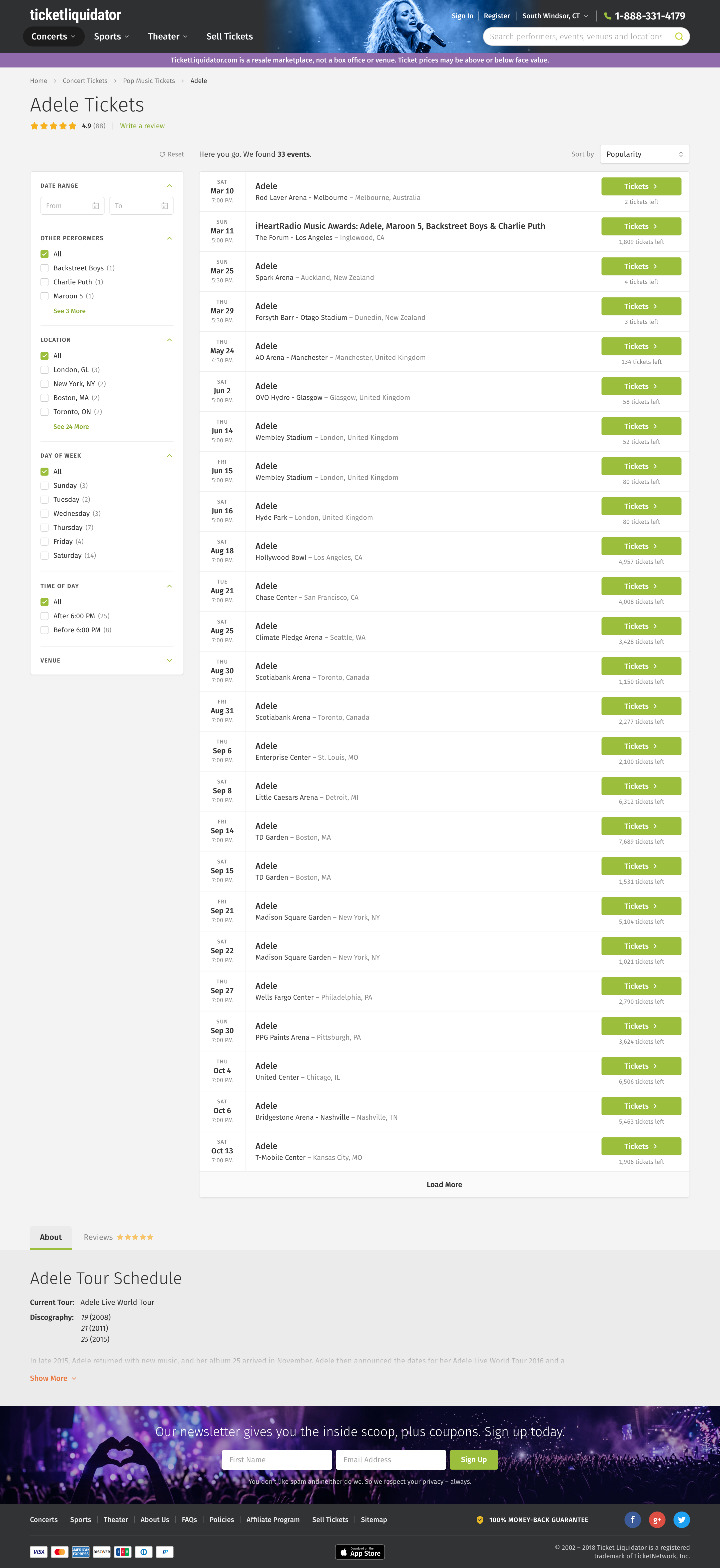 Ticket Liquidator event listings with date and venue filters