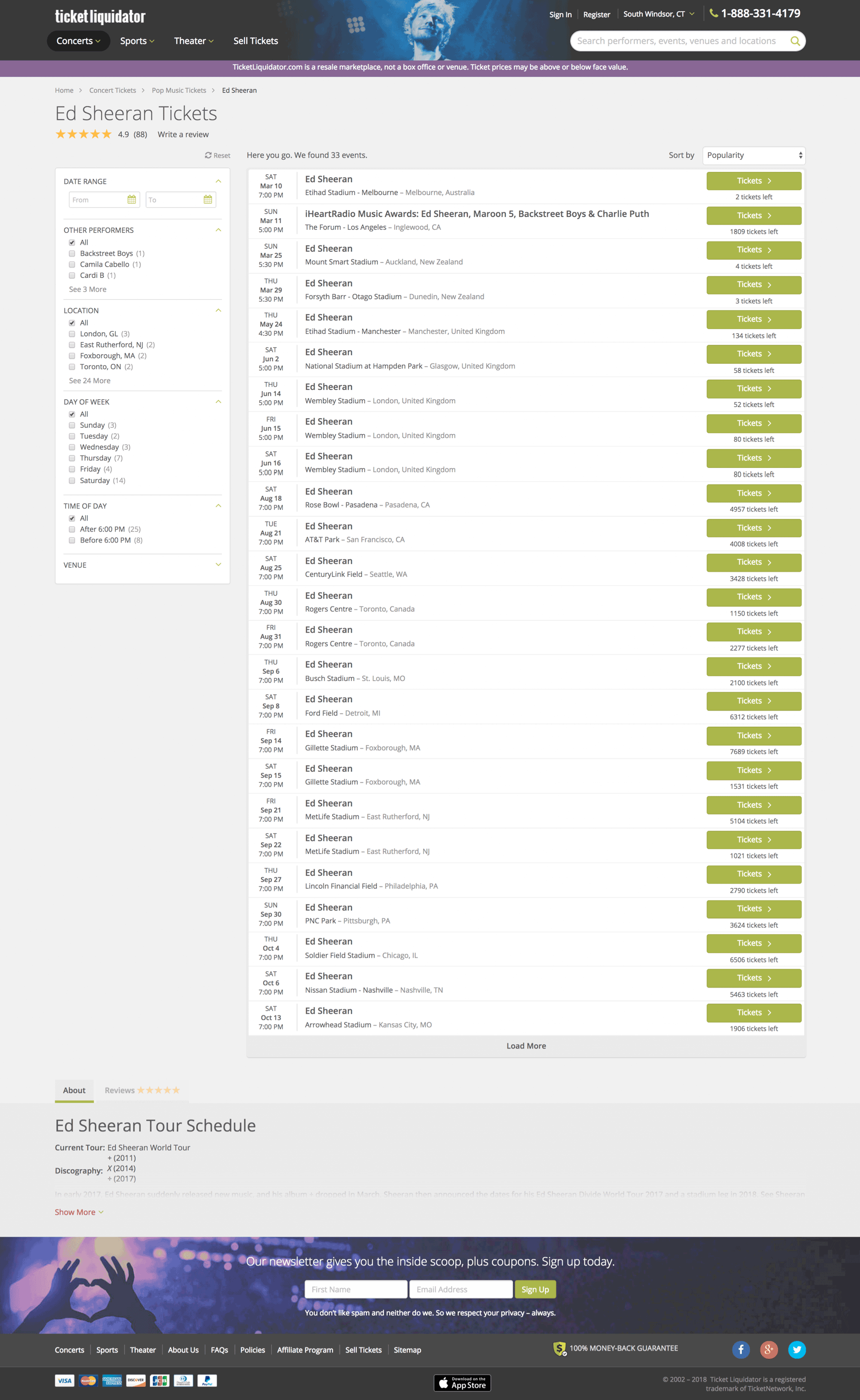 Ticket Liquidator event listings with date and venue filters