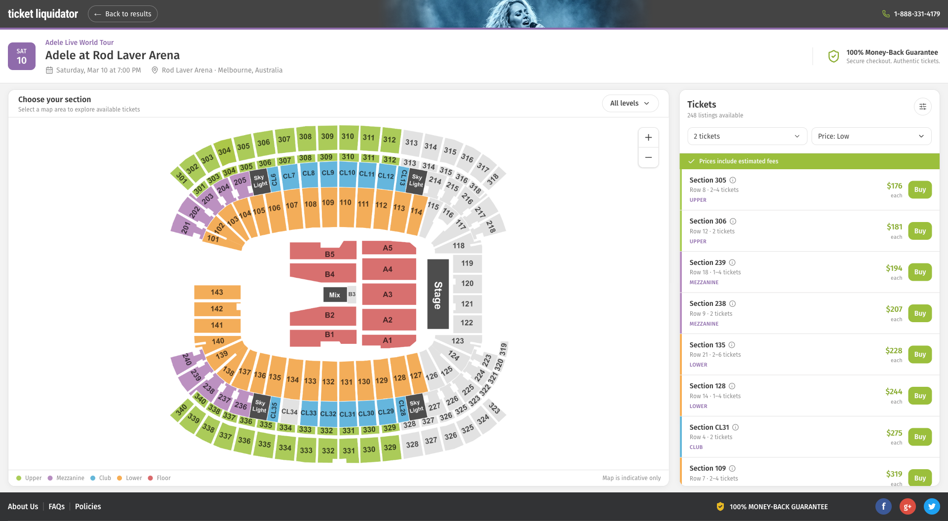 Ticket Liquidator venue seating map with ticket listings