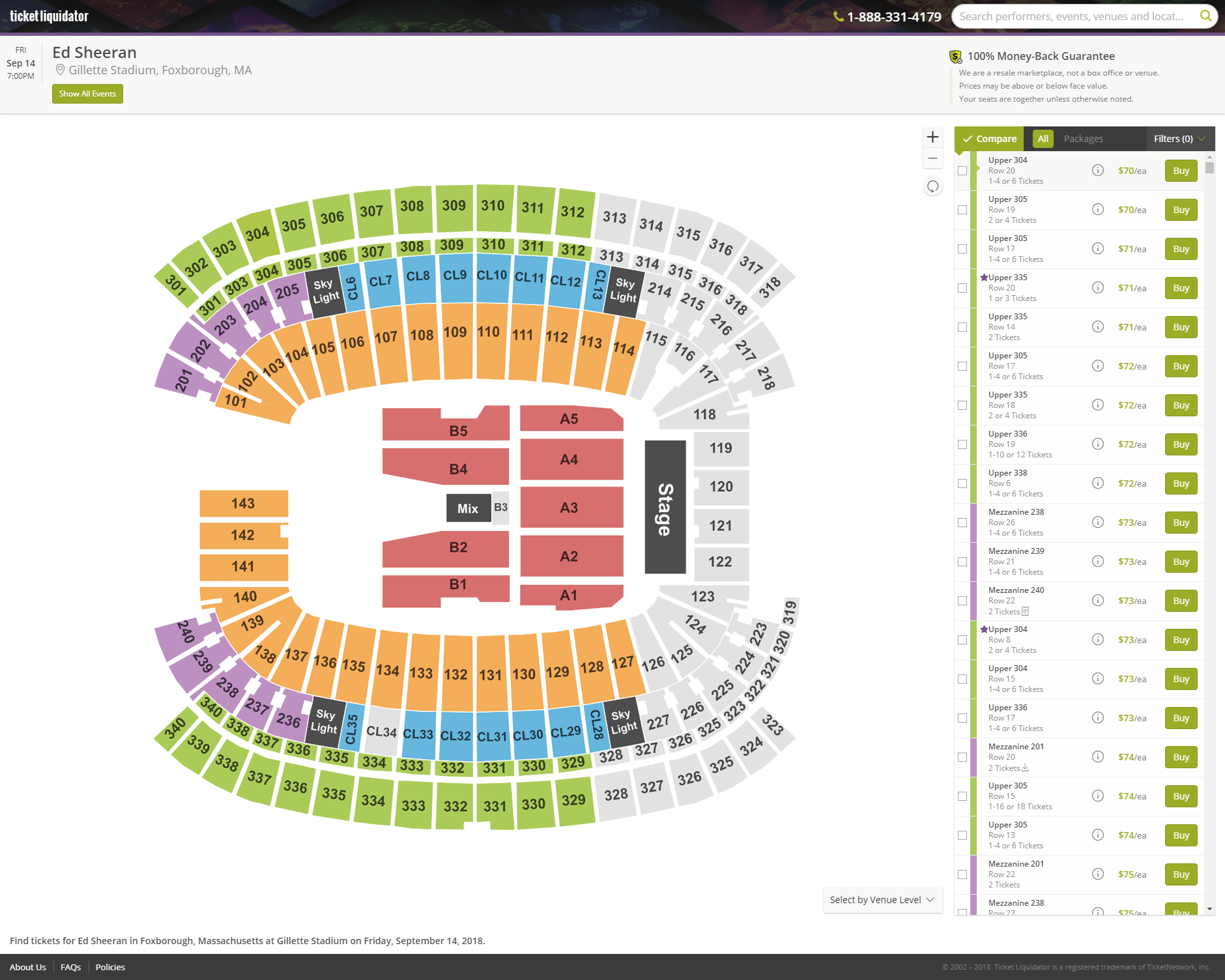 Ticket Liquidator venue seating map with ticket listings
